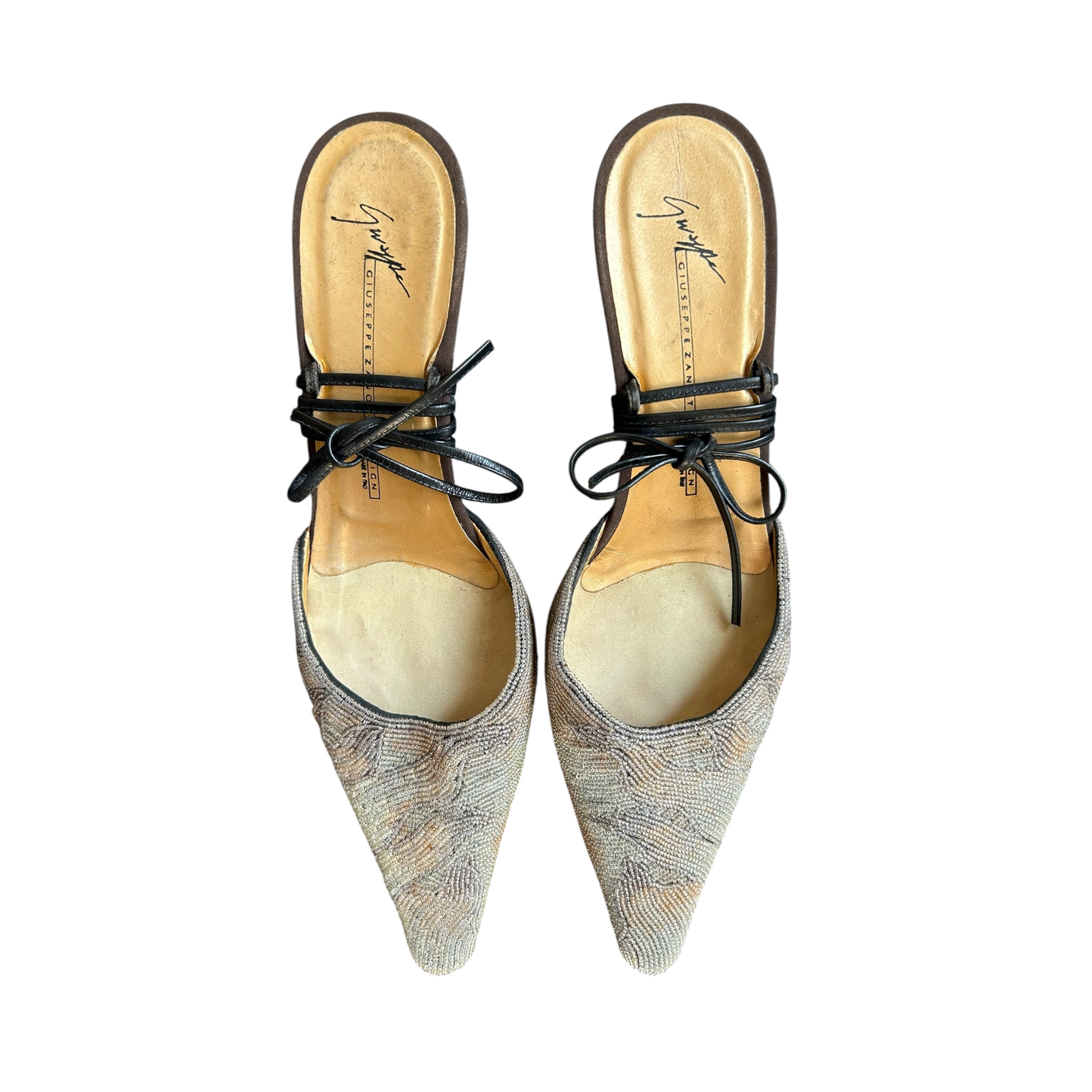 Fivedotsvintage Giuseppe Zanotti pointed-toe kitten heel mules with intricate beaded uppers and black leather tie-ups.