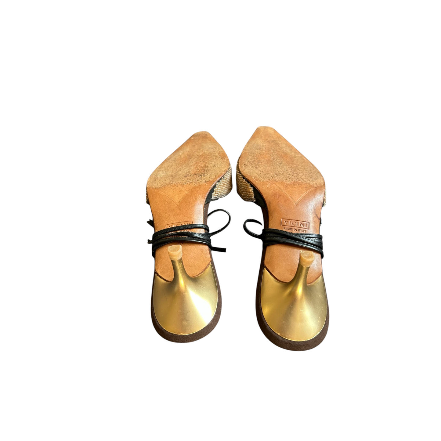 Fivedotsvintage Giuseppe Zanotti pointed toe kitten heel mules with gold metallic heels and black leather ankle ties.