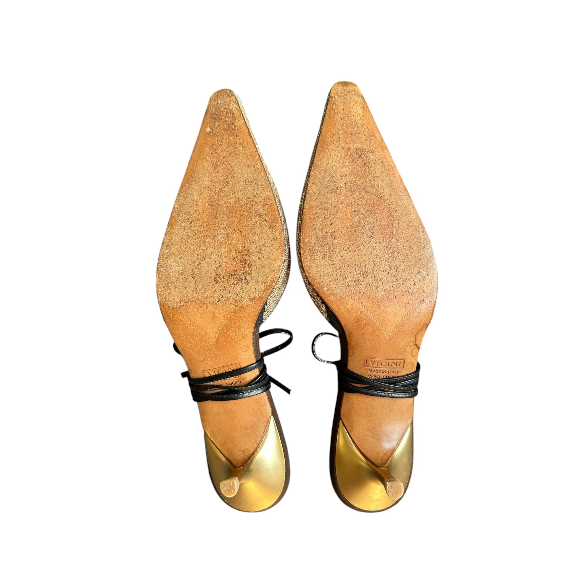 Fivedotsvintage Giuseppe Zanotti pointed toe kitten heel mules with gold metallic heels and black leather ankle ties