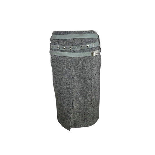 Fivedotsvintage grey wool midi skirt with a lambskin leather belt featuring metallic studs, crystals, and Dior buckle.