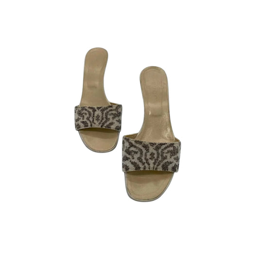 Fivedotsvintage GUCCI embellished open toe slide sandals with a beaded animal print strap and kitten heel.