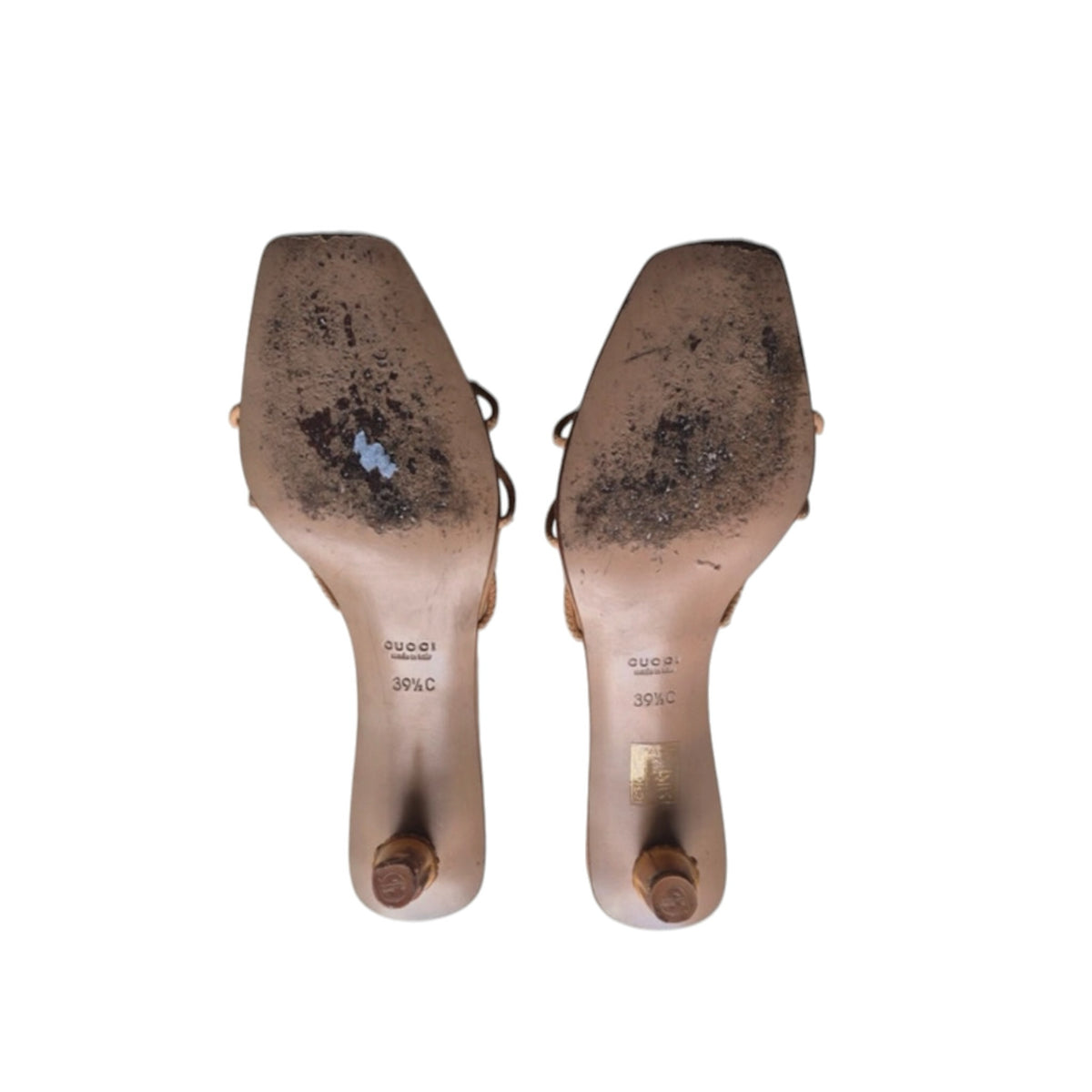 Fivedotsvintage Gucci beige leather strappy kitten heel sandals showing worn soles and bamboo-effect heels