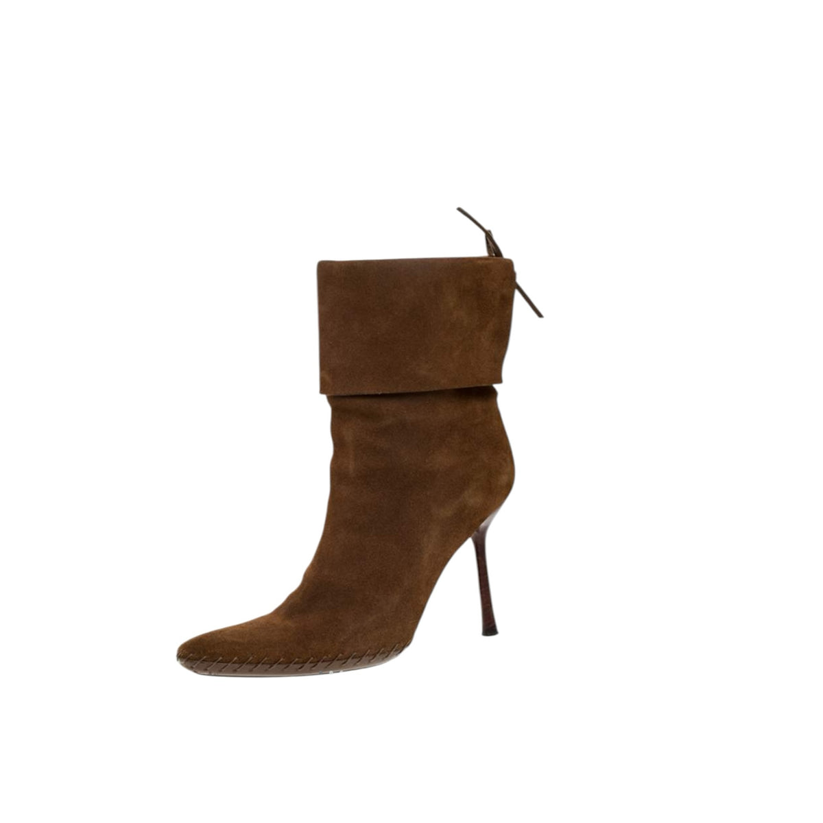 Fivedotsvintage Gucci brown suede stiletto ankle boots with fold-over cuff, back lace-up, and whipstitch detailing.