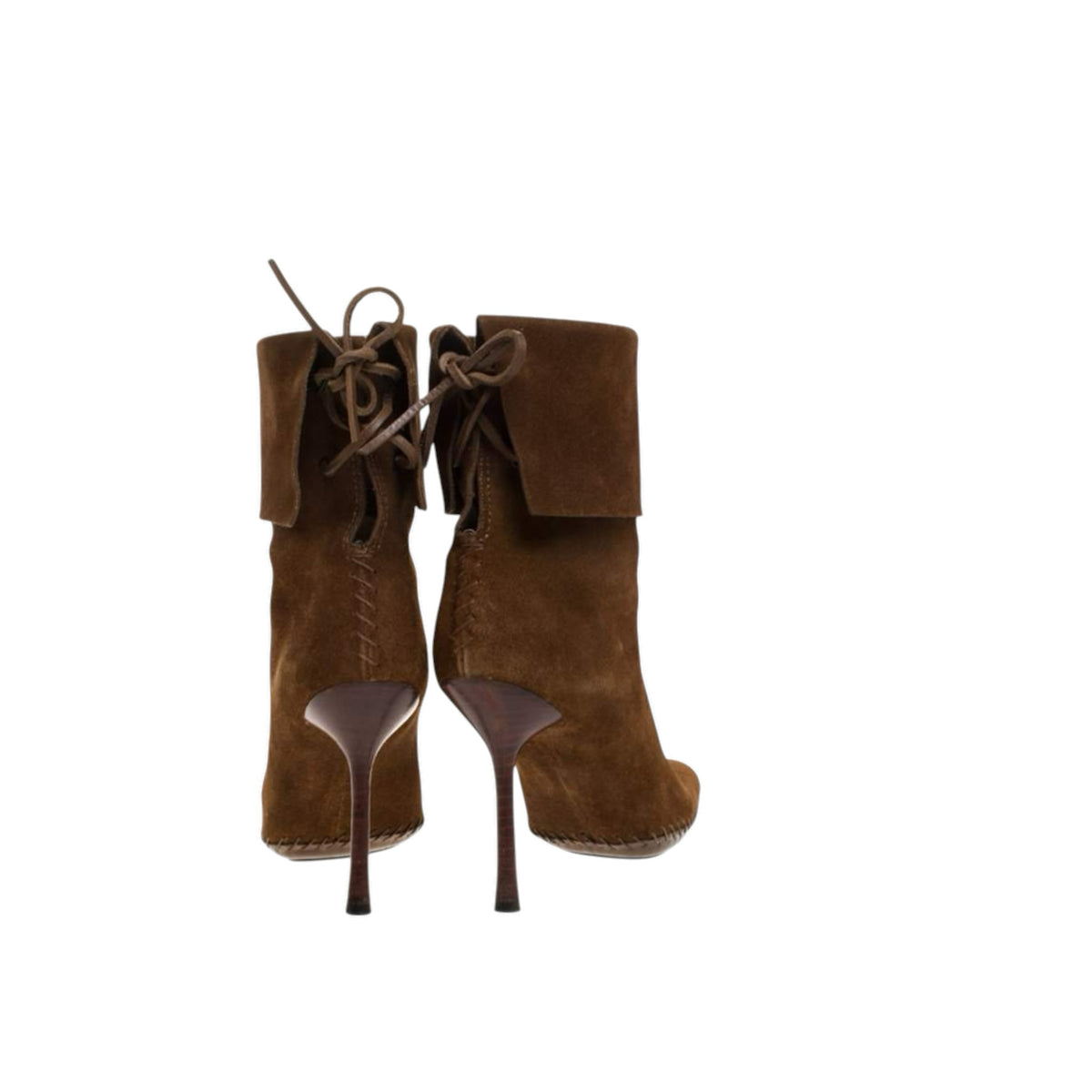 Fivedotsvintage Gucci brown suede stiletto ankle boots with back lace-up closure and fold-over cuff detail