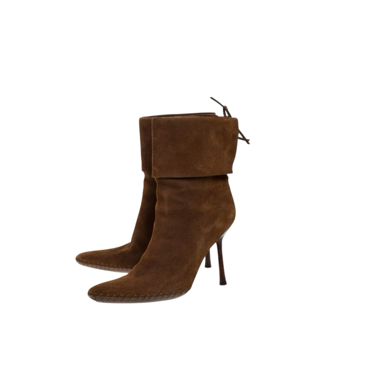 Fivedotsvintage Gucci brown suede stiletto ankle boots with fold-over cuff, lace-up back, and whipstitch detailing.