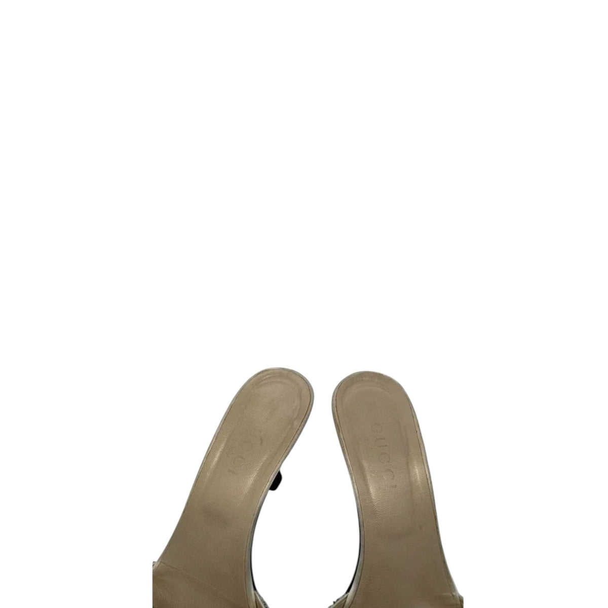 Fivedotsvintage GUCCI embellished open toe slide sandals with neutral leather insoles and kitten heels