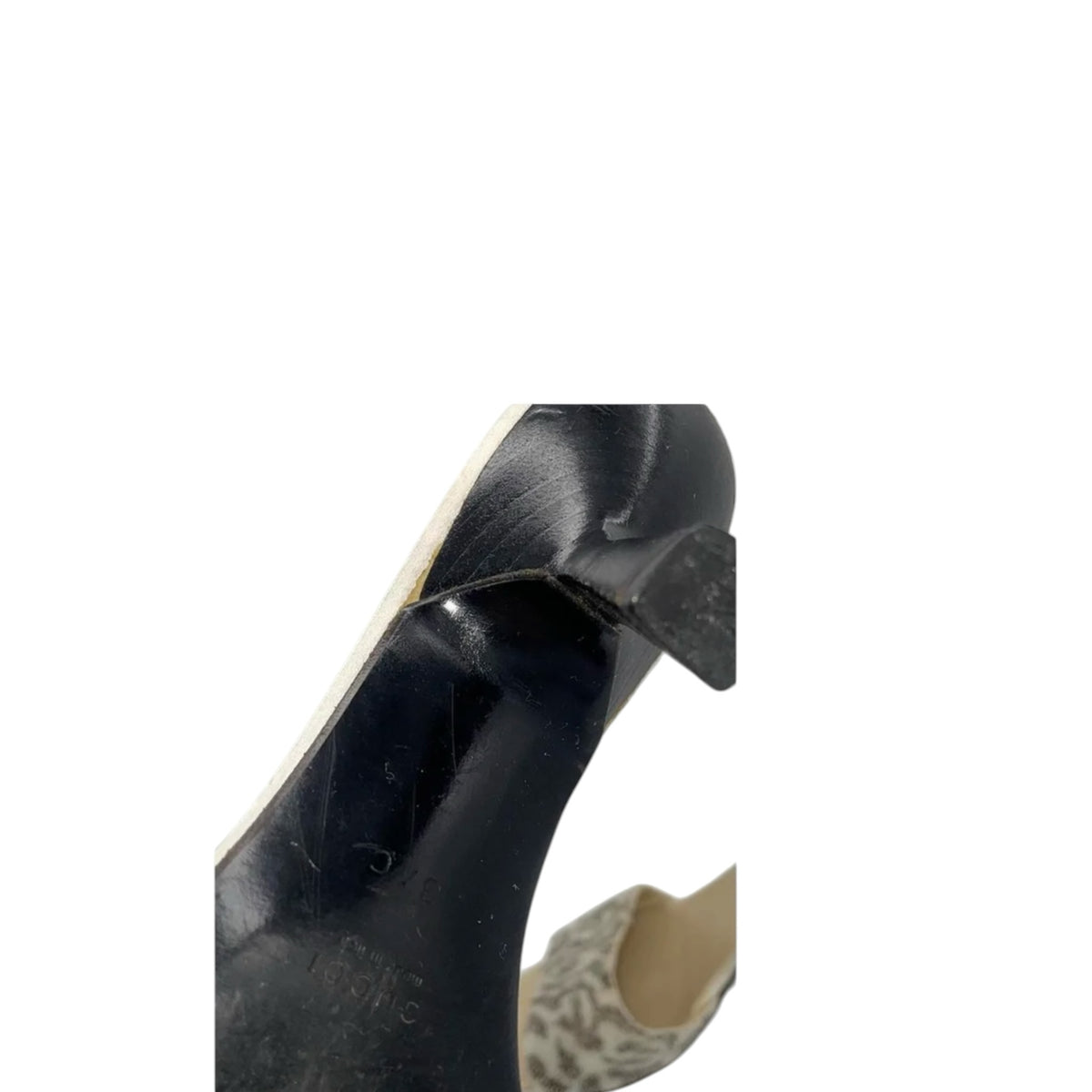 Fivedotsvintage GUCCI embellished open toe slide sandal showing the black kitten heel and branded leather insole