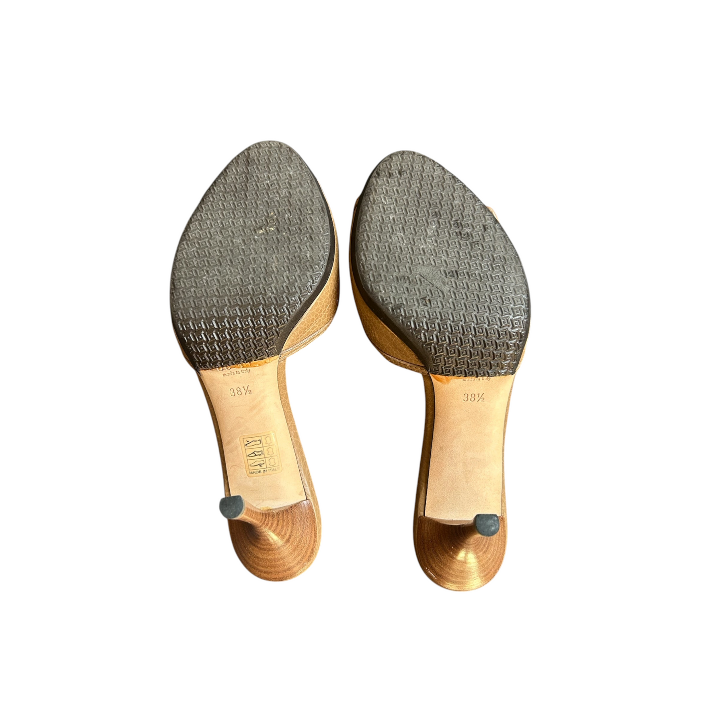 Fivedotsvintage Gucci leather high heel mules showing the textured rubber soles and wooden-effect stiletto heels