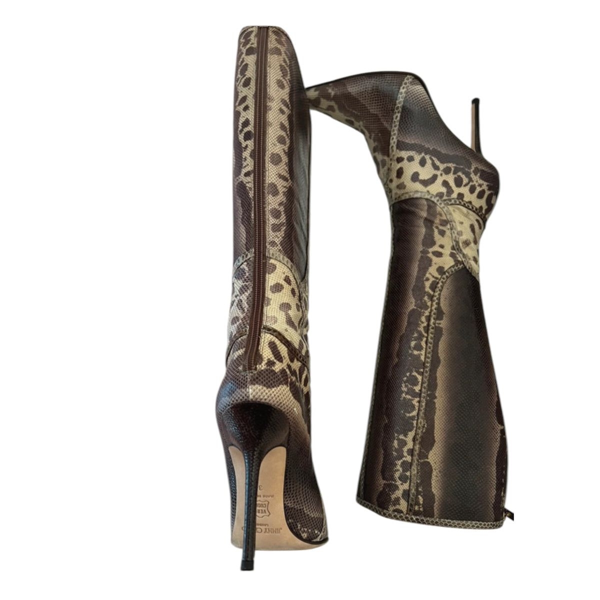 Fivedotsvintage JIMMY CHOO knee-high stiletto boots with pointed toe and mixed animal and reptilian print pattern.