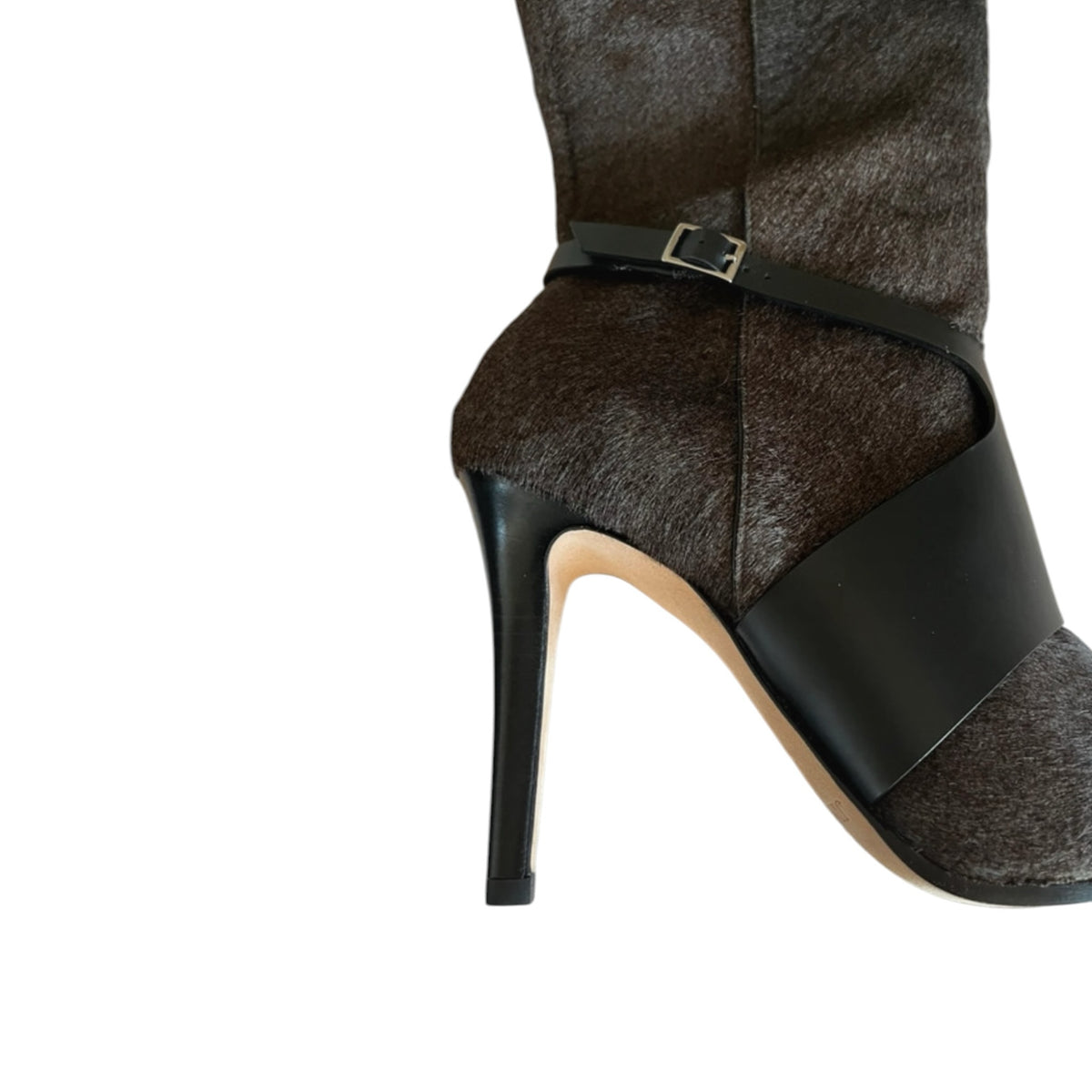 Fivedotsvintage Jimmy Choo knee-high stiletto boots in dark textured hair-on-hide with black leather strap detail