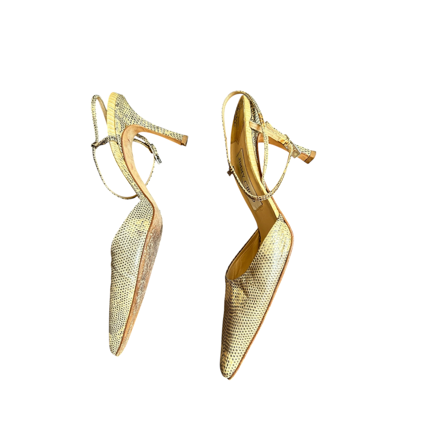 Fivedotsvintage Jimmy Choo snakeskin-embossed leather slingback stiletto heels with a pointed toe in neutral tones.