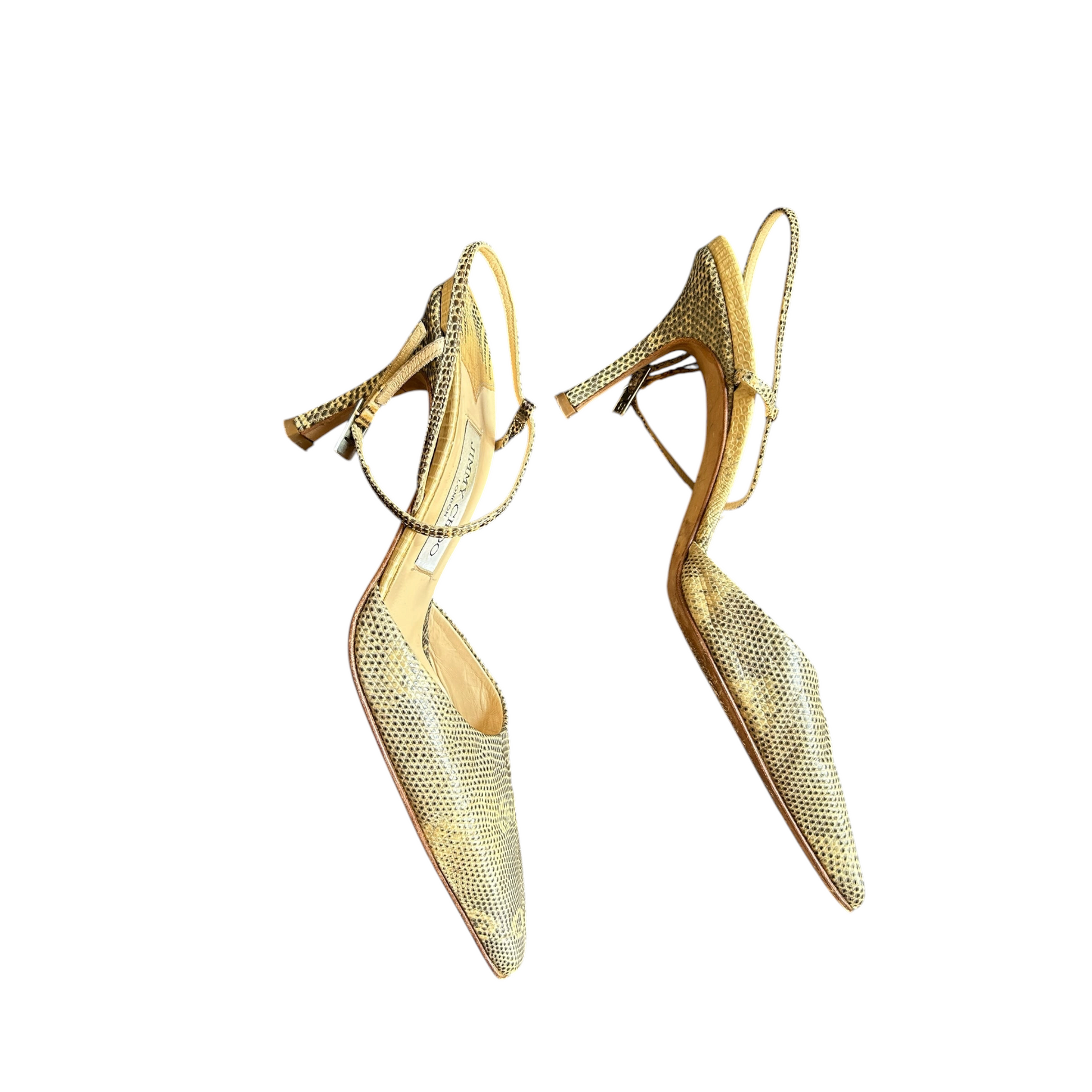 Fivedotsvintage Jimmy Choo snakeskin-embossed leather slingback stiletto heels with pointed toe on grey fabric.