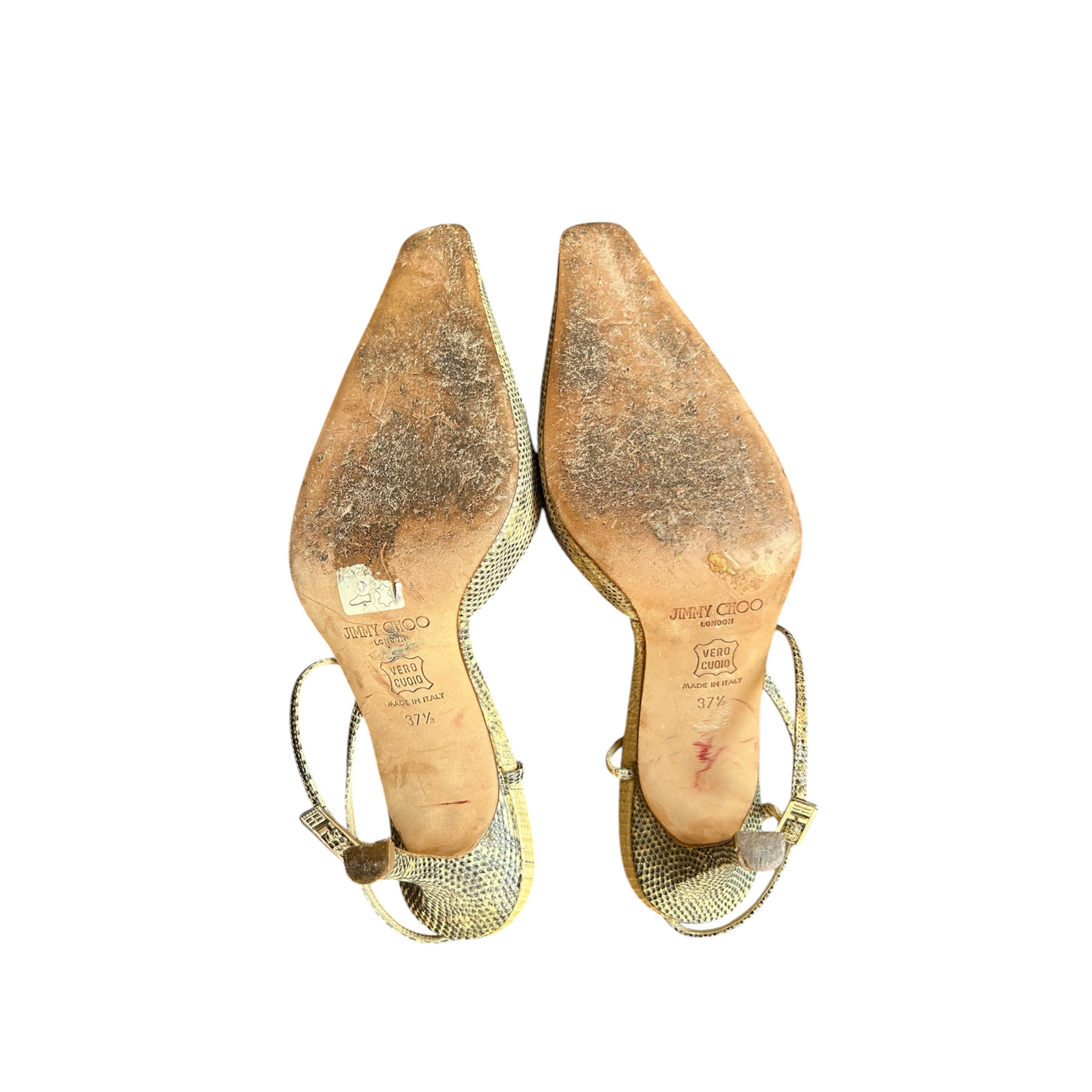 Fivedotsvintage Jimmy Choo snakeskin-embossed leather slingback stiletto heels showing worn soles and size 37.5 stamp.