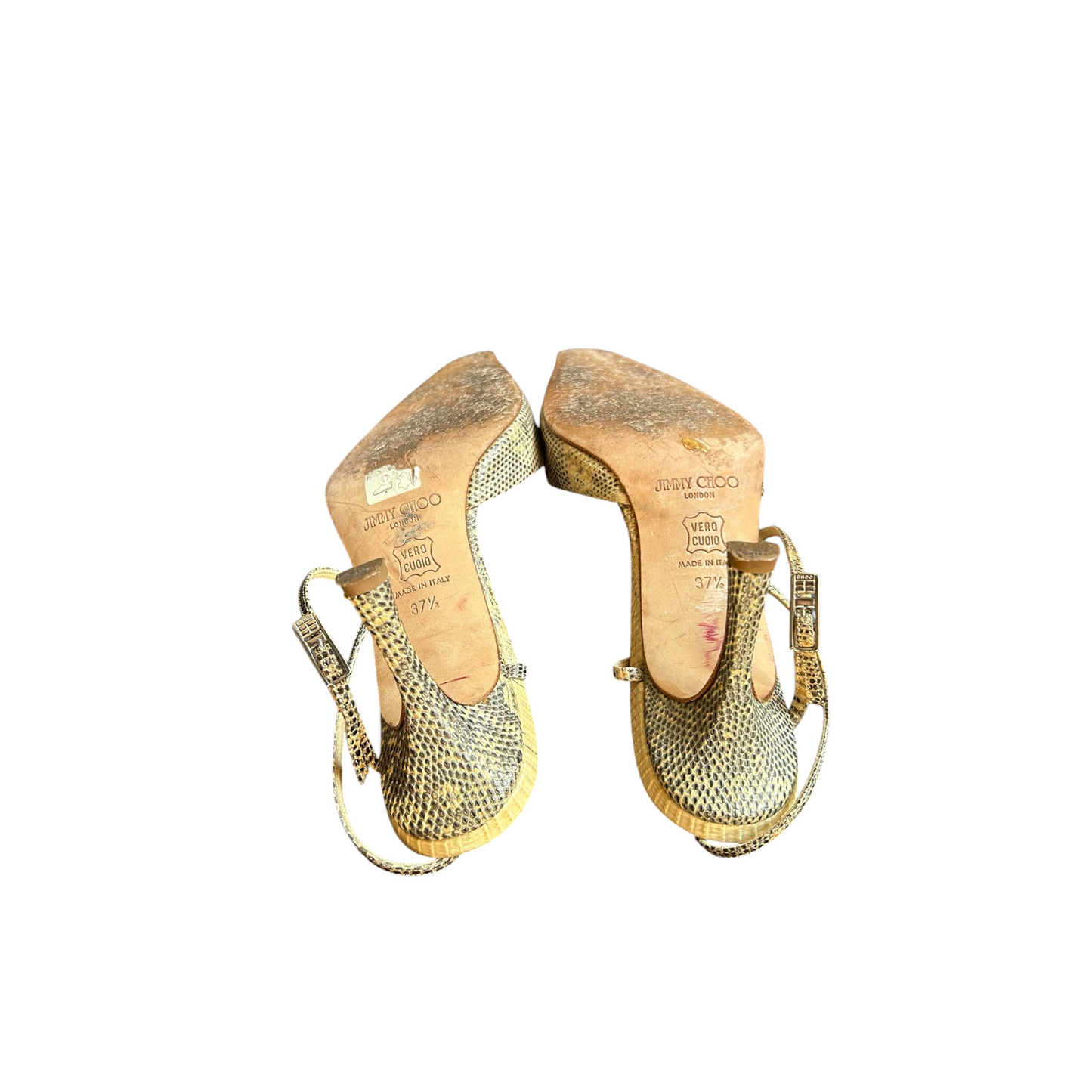 Fivedotsvintage Jimmy Choo snakeskin-embossed leather slingback stiletto heels with pointed toe and branded soles