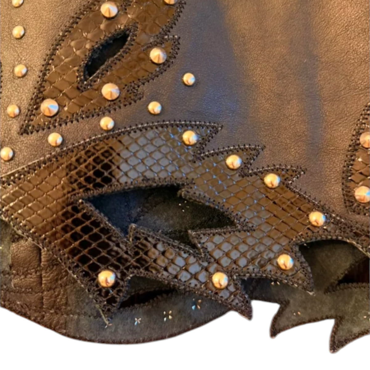 Fivedotsvintage dark brown lambskin leather mini skirt with python-embossed scalloped hem and metallic stud details.