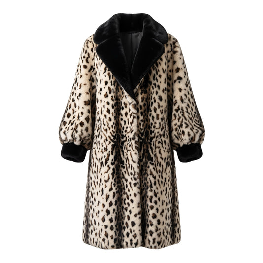 Fivedotsvintage long faux fur coat in leopard print with a black contrast collar and cuffs.