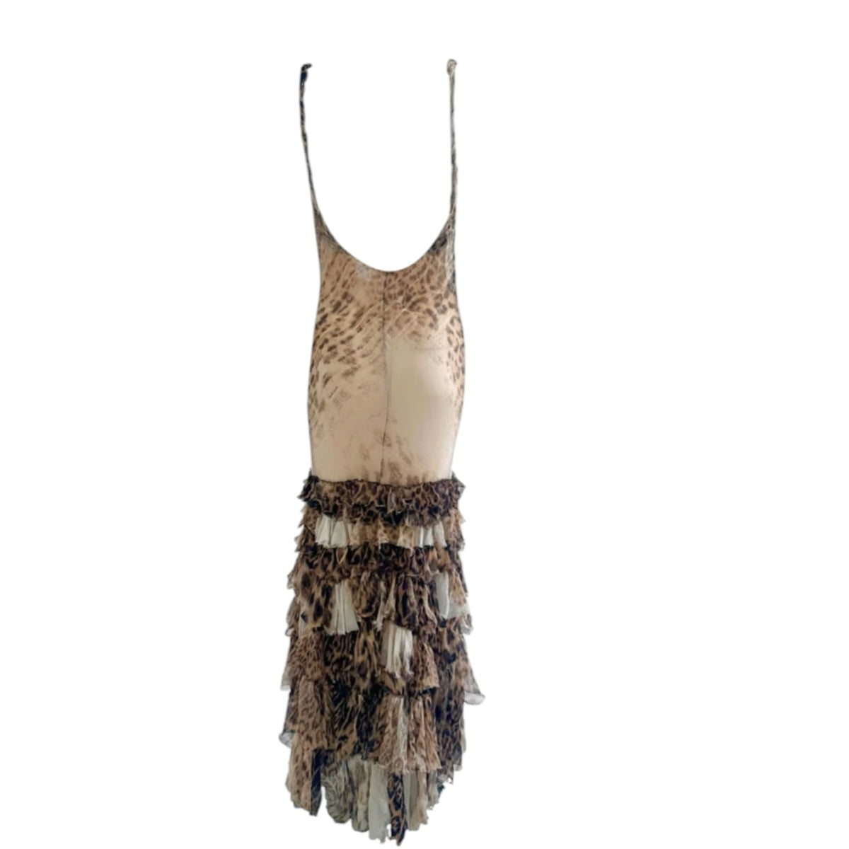 Fivedotsvintage Roberto Cavalli leopard print silk evening gown with spaghetti straps and tiered ruffled skirt.