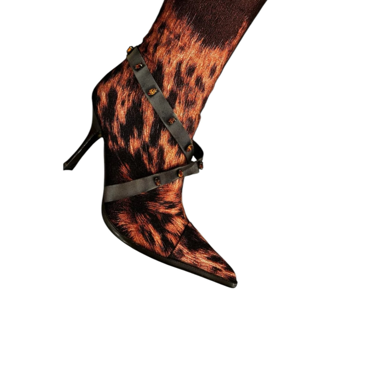 Fivedotsvintage knee-high stiletto boots in gradient brown leopard print with decorative ankle straps and pointed toe.