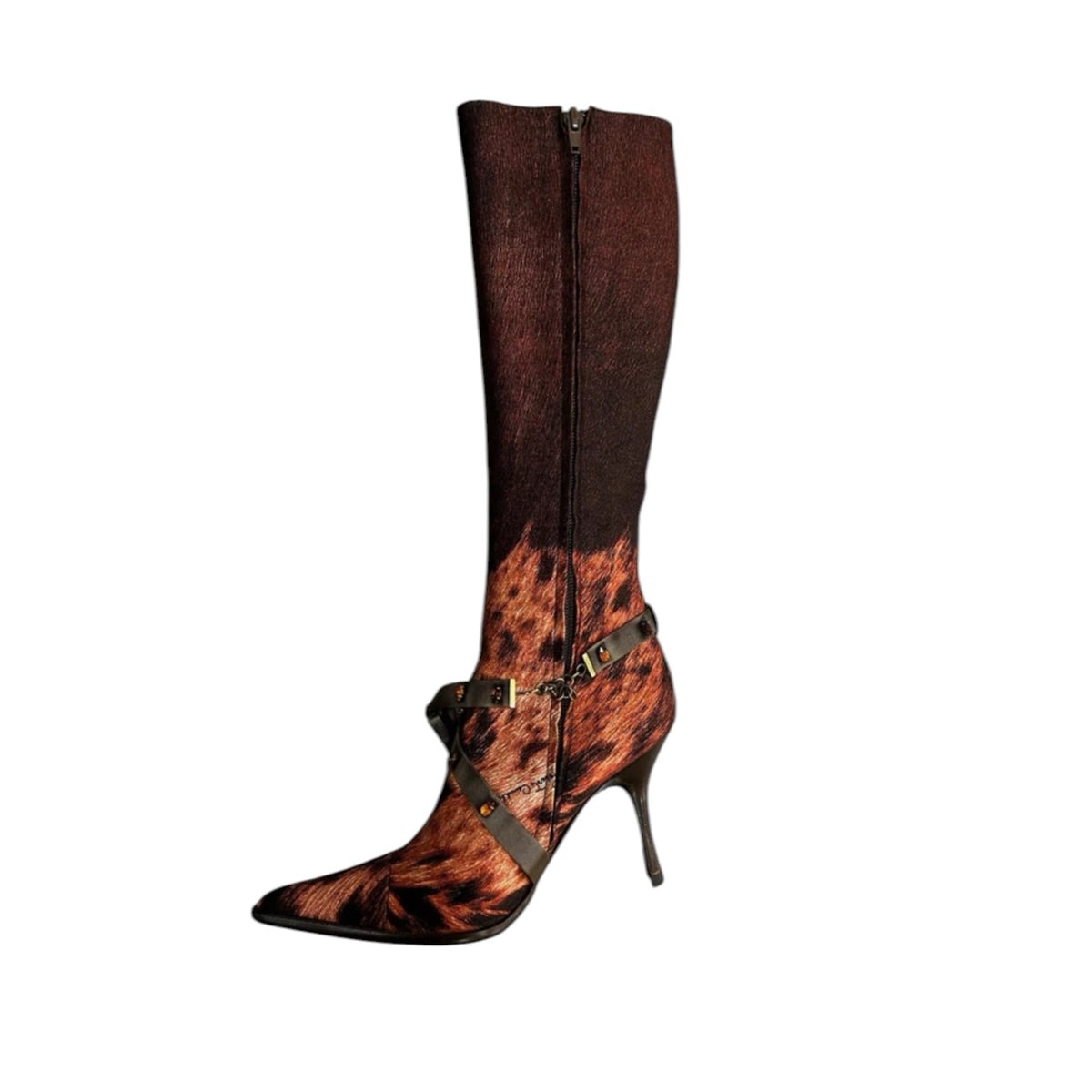 Fivedotsvintage knee-high stiletto boots with gradient brown leopard print, pointed toe, and decorative ankle straps.