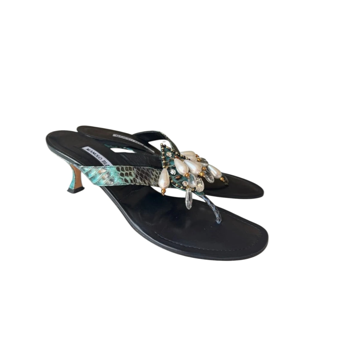 Fivedotsvintage Manolo Blahnik teal snakeskin kitten heel thong sandals with crystal and faux pearl embellishments.