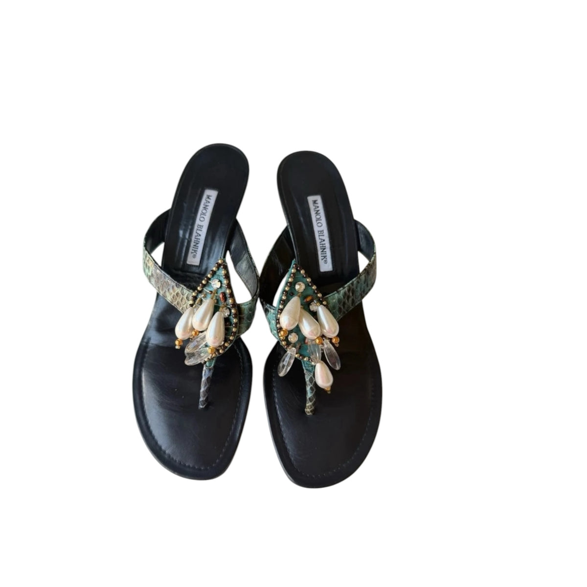 Fivedotsvintage Manolo Blahnik teal snakeskin thong sandals with pearl and crystal embellishments and kitten heels.