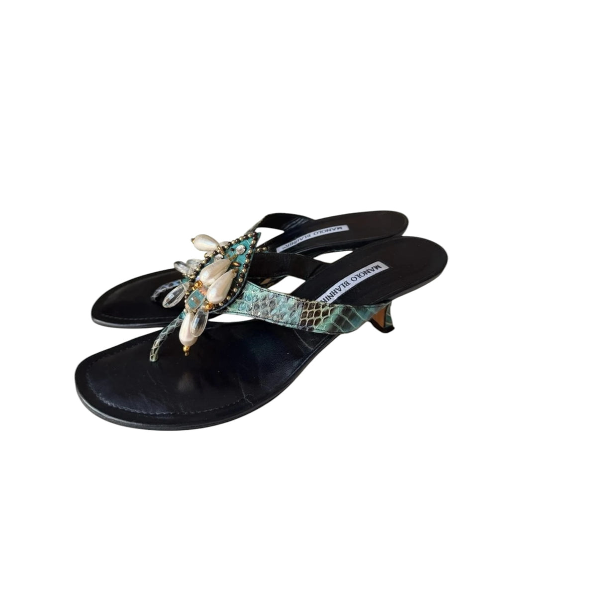 Fivedotsvintage Manolo Blahnik teal snakeskin kitten heel thong sandals with crystal and faux pearl embellishments.
