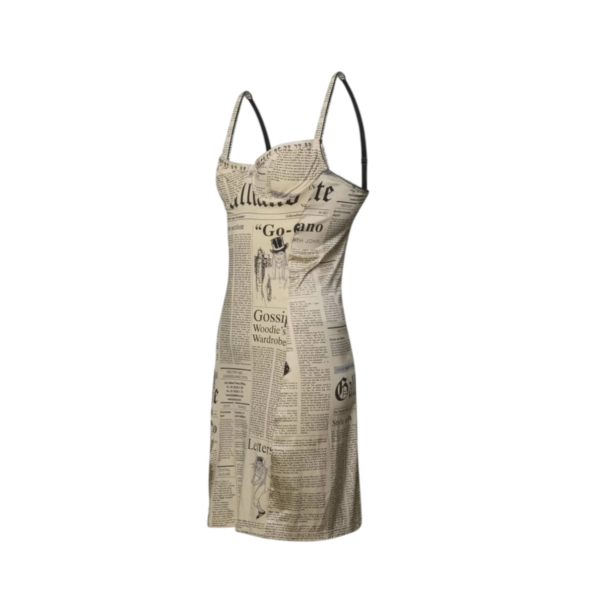 Fivedotsvintage John Galliano newspaper print mini dress with corset bodice and spaghetti straps in a form-fit style.