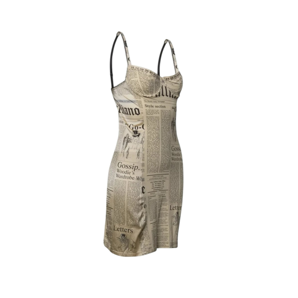 Fivedotsvintage newspaper print mini dress with a structured corset bodice and spaghetti straps in a bodycon fit.