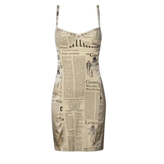 Fivedotsvintage John Galliano newspaper print mini dress with corset bodice and spaghetti straps