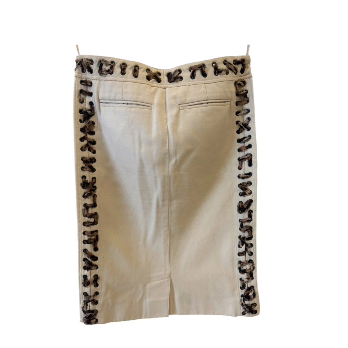 Fivedotsvintage off-white cotton pencil skirt with leopard print lace-up side panels and back pockets