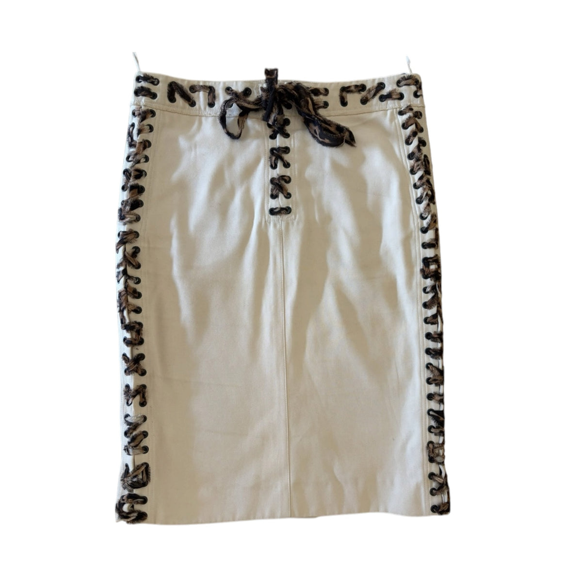 Fivedotsvintage off-white cotton pencil skirt with leopard print lace-up side panels and matching waist tie.