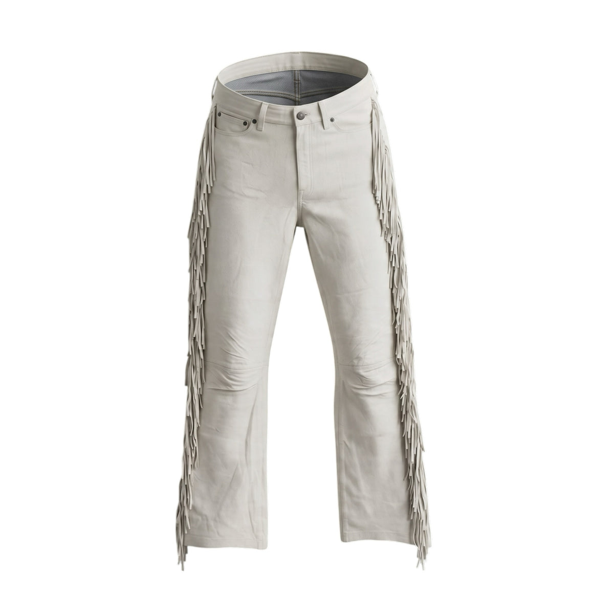 Fivedotsvintage off-white lamb leather trousers with fringe side seams and five-pocket design.