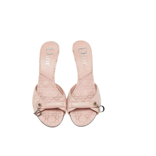 Fivedotsvintage Christian Dior pastel pink quilted leather high heel mules with signature metallic charm detail.