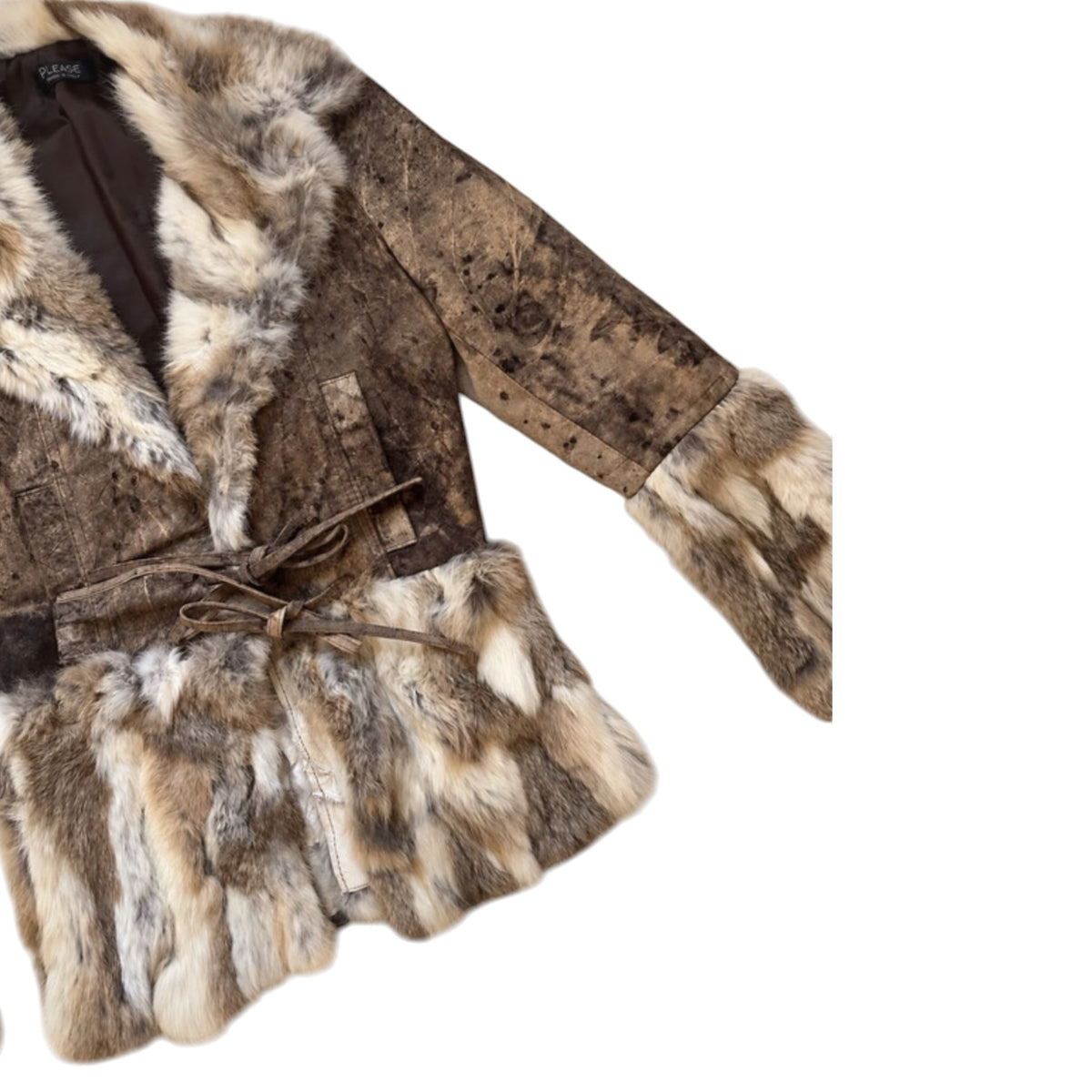 Fivedotsvintage PLEASE vintage brown suede jacket with plush faux fur trim on the collar, cuffs, and hem with tie-front