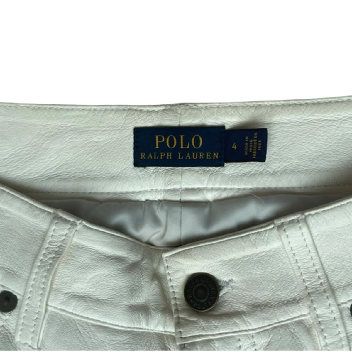 Fivedotsvintage Polo Ralph Lauren off-white lamb leather trousers featuring a branded button and interior label