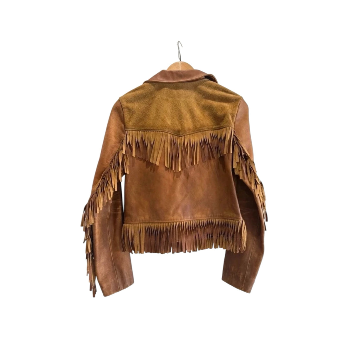 Fivedotsvintage Polo Ralph Lauren tan suede jacket with fringe detailing on the back and sleeves on a wooden hanger