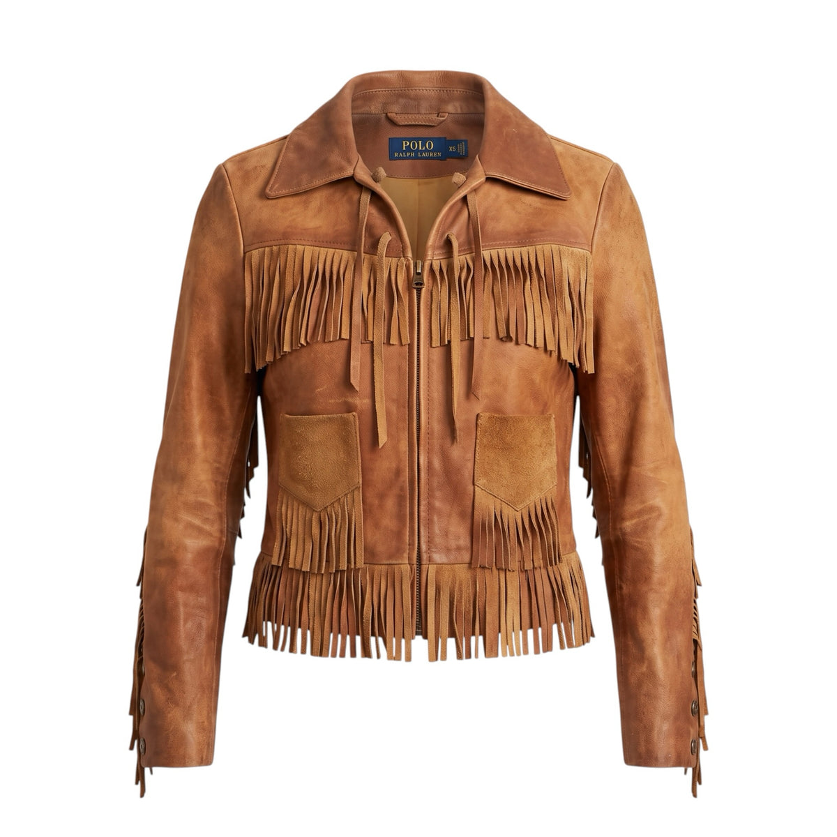 Fivedotsvintage Polo Ralph Lauren tan suede jacket with fringe detailing, zip front, and patch pockets.