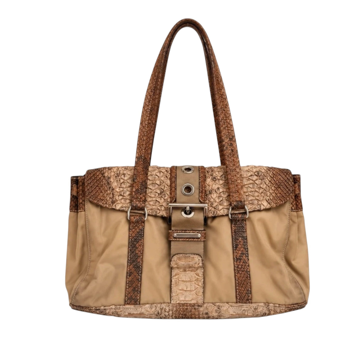 Fivedotsvintage Prada beige nylon tote bag with snakeskin leather trim, buckle closure, and shoulder straps.