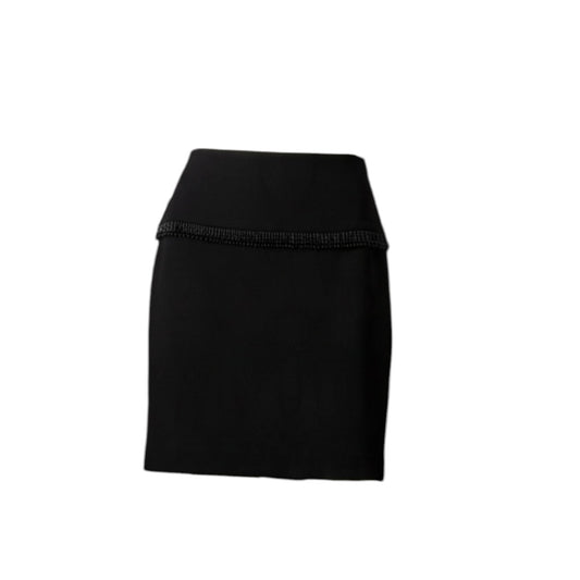 Fivedotsvintage Prada black mini skirt featuring a structured silhouette and delicate tonal beaded fringe detail.