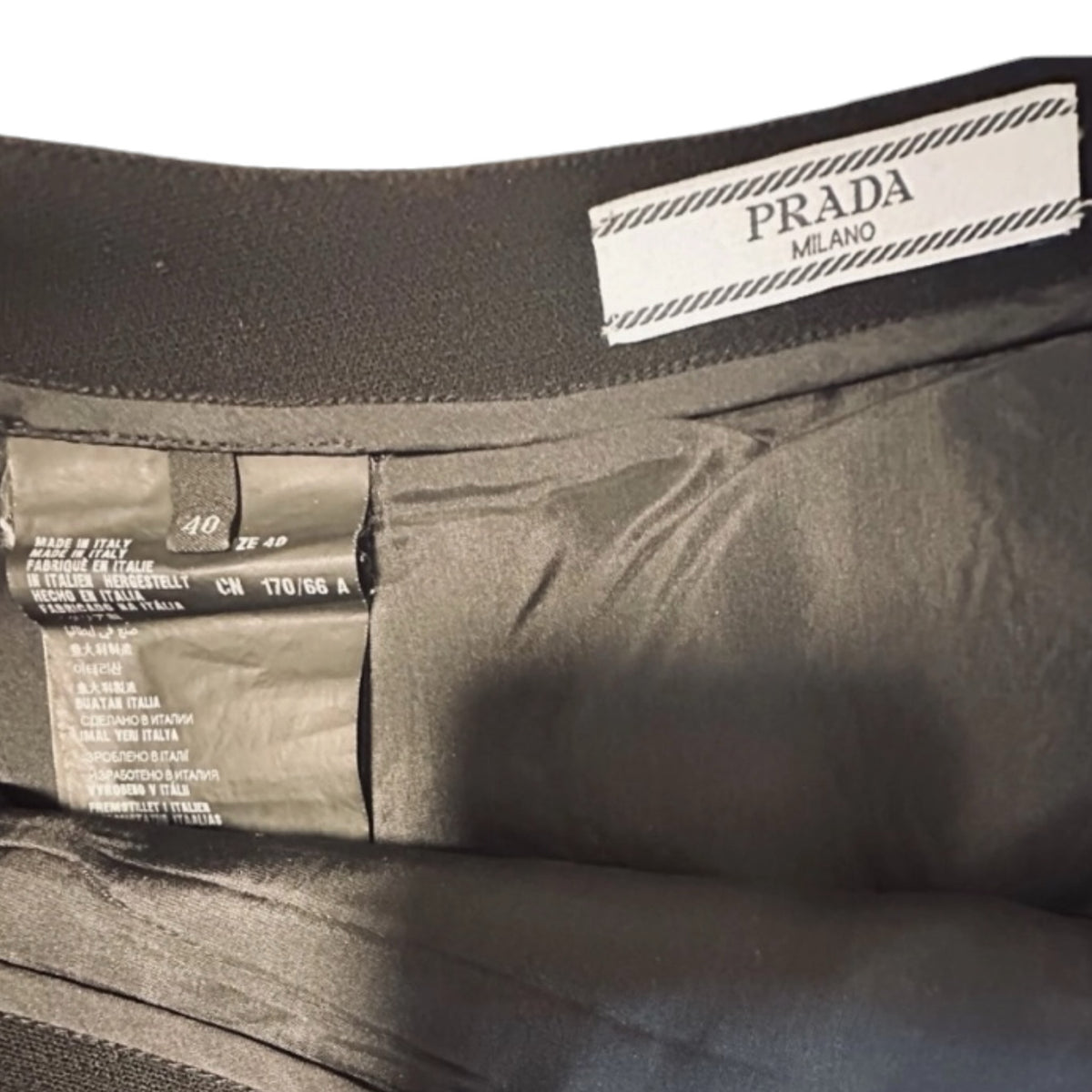 Fivedotsvintage Prada Milano black mini skirt interior label and authentic Italian craftsmanship tag
