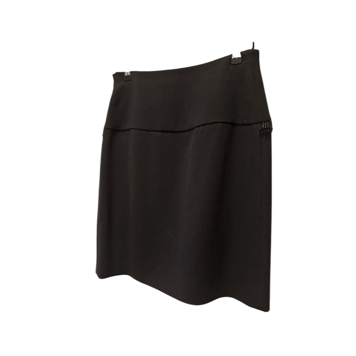 Fivedotsvintage Prada black mini skirt with structured silhouette and subtle beaded fringe detail