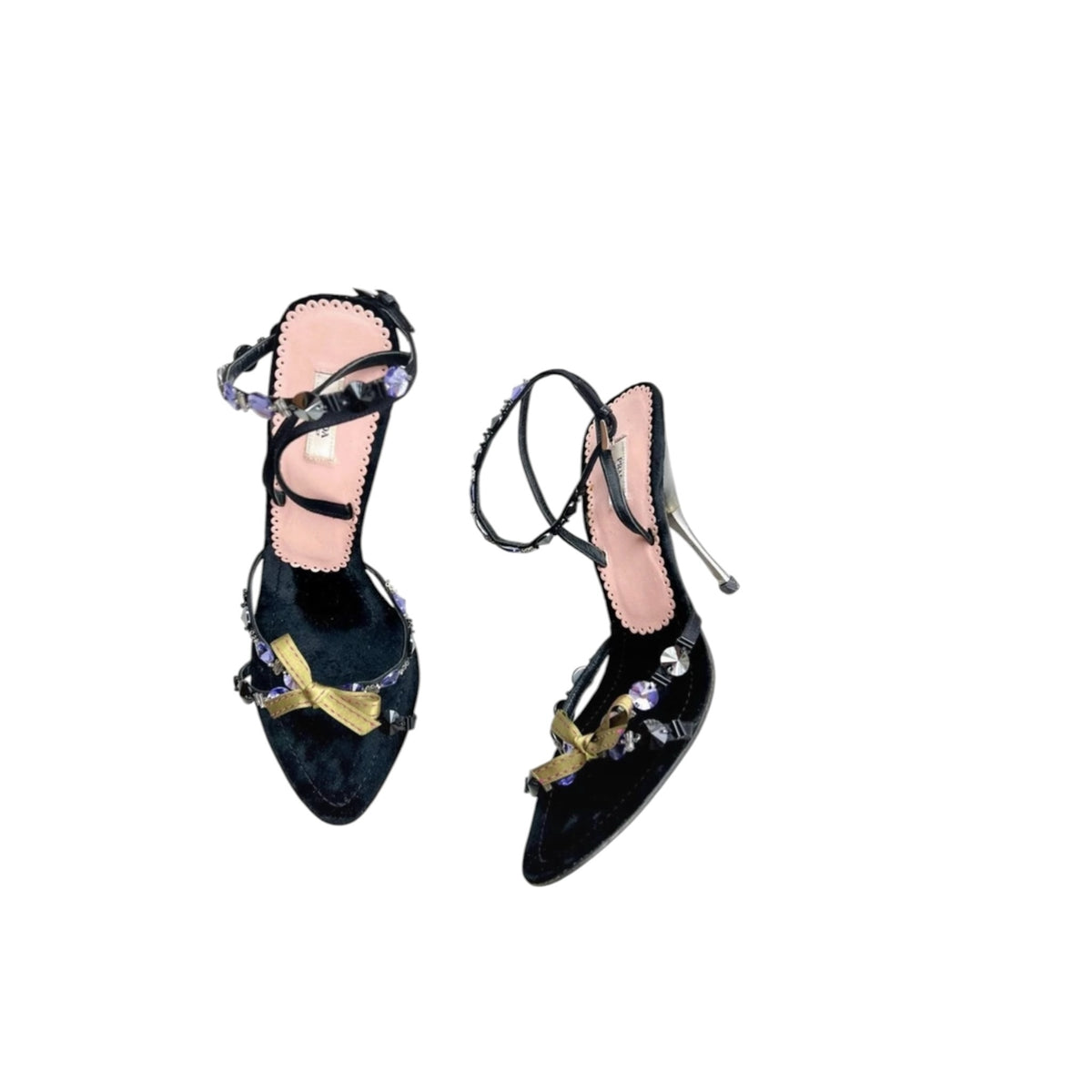 Fivedotsvintage Prada black velvet stiletto sandals with gold bow and decorative crystal embellishments