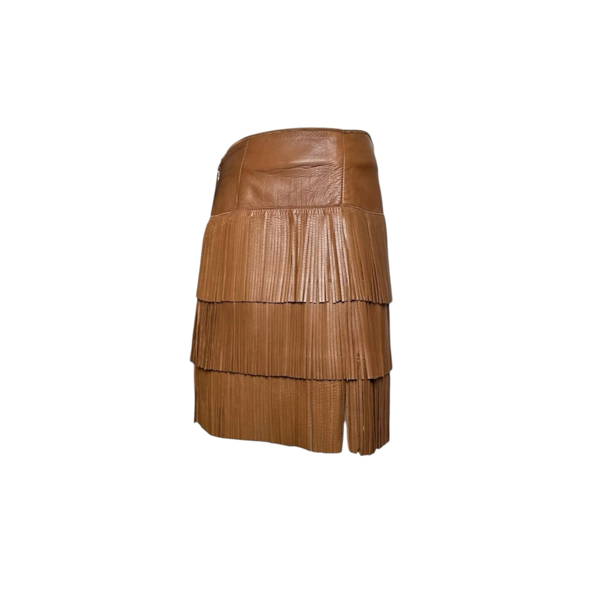 Fivedotsvintage Prada brown leather mini skirt featuring a stylish tiered fringe design and high-waisted silhouette.