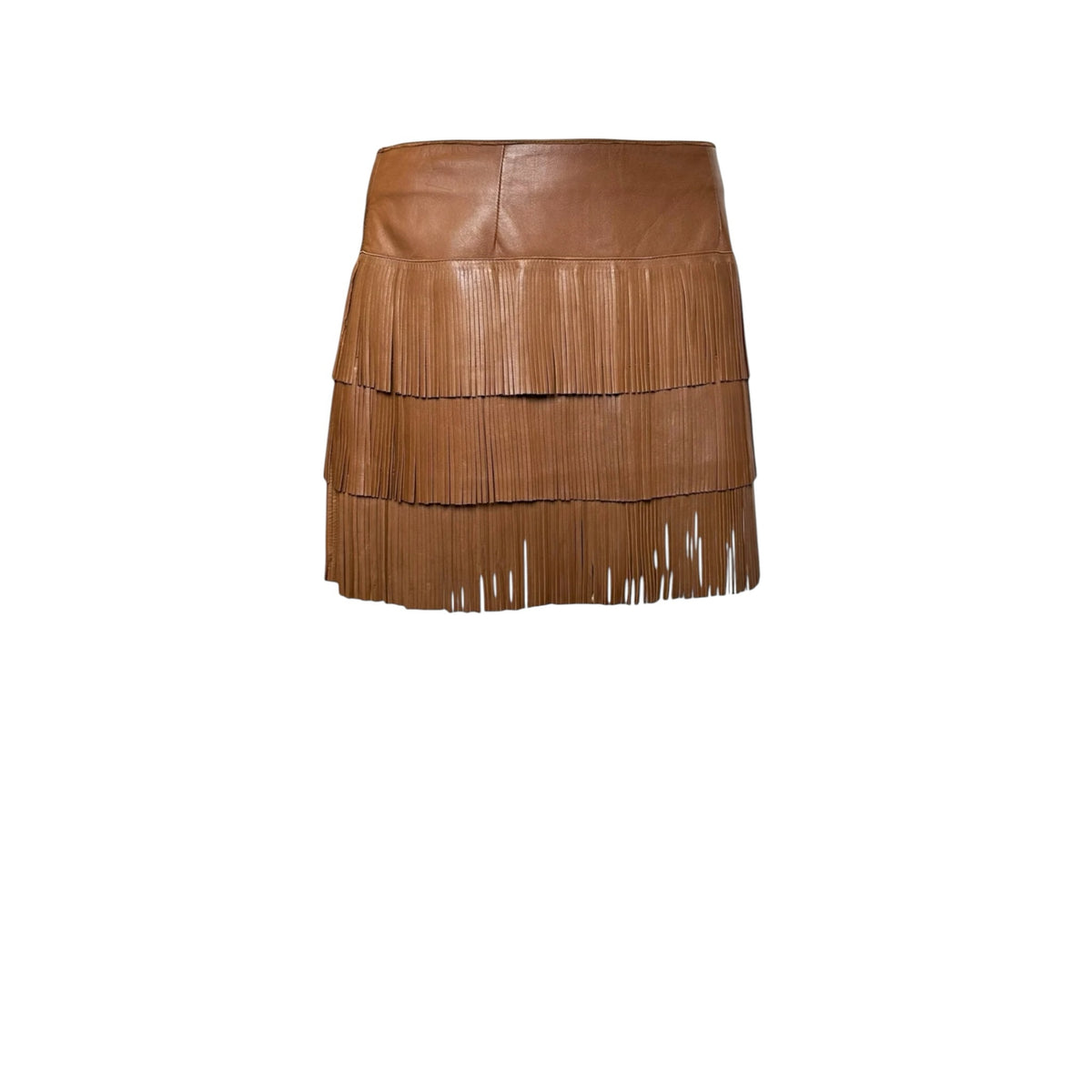 Fivedotsvintage Prada brown leather mini skirt with tiered fringe detailing and a high-waisted silhouette.