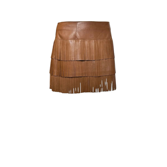 Fivedotsvintage Prada brown leather mini skirt with tiered fringe detailing and a high-waisted silhouette.