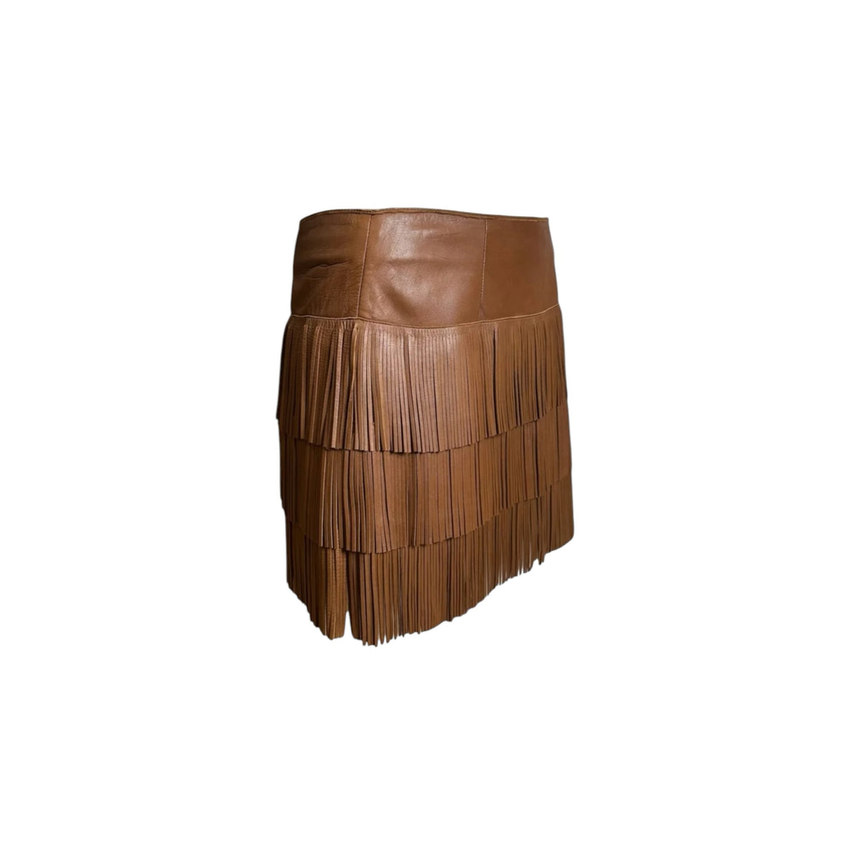 Fivedotsvintage Prada brown leather mini skirt featuring a tiered fringe design and high-waisted silhouette.
