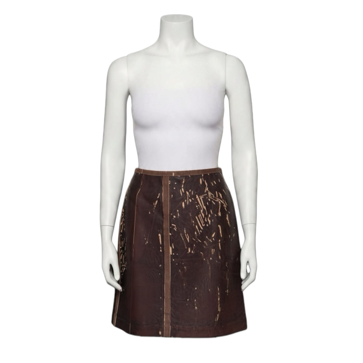 Fivedotsvintage Prada vintage brown silk mini skirt with abstract print and structured trim on a mannequin
