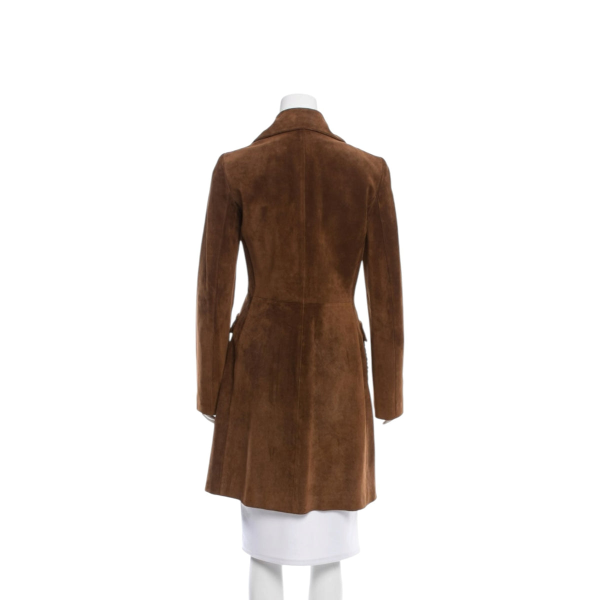 Back view of a brown suede Fivedotsvintage Prada long coat with a tailored fit and classic collar.