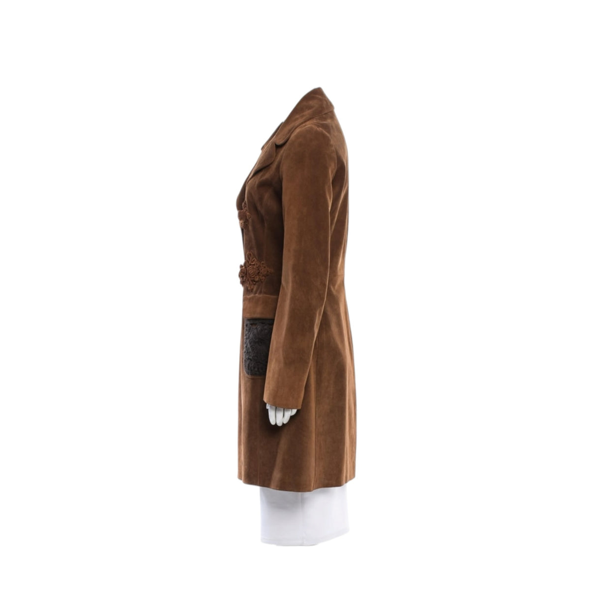 Fivedotsvintage Prada brown suede long coat with intricate embroidery and contrasting pockets, side view