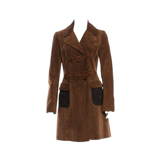 Fivedotsvintage brown Prada suede long coat with intricate embroidery and contrasting lace-accented pockets